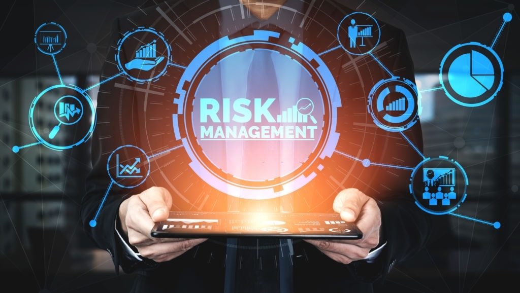 leverage Risk Management and Assessment for Business Investment Concept. Modern graphic interface showing symbols of strategy in risky plan analysis to control unpredictable loss and build financial safety.